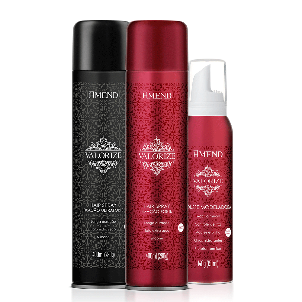 Kit Hair sprays Valorize ultraforte 400ml/Hair sprays Valorize Forte 200ml/ Mousse Modeladora Amend Valorize 140g